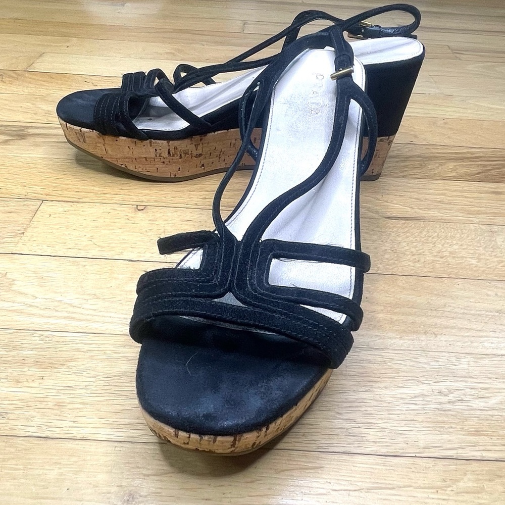 Prada Black Suede Cork Platform Wedge Sandals 38